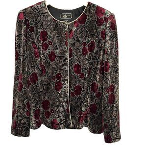 Velvet Blazer Jacket RK Evening Size 14 Burgundy Gold Floral Print Dark Romantic